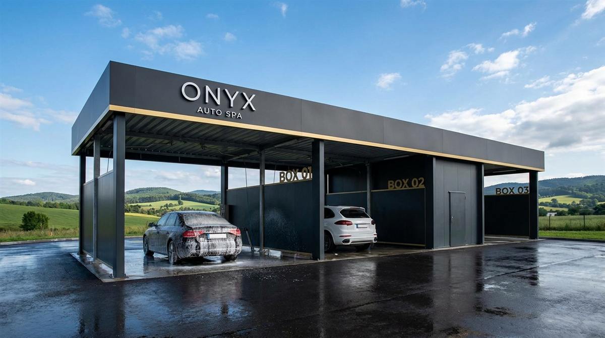 Vizualizace mycího centra ONYX AUTO SPA za slunečného dne – tři boxy pod antracitovou střechou se zlatou linkou, v pozadí zelené valašské kopce