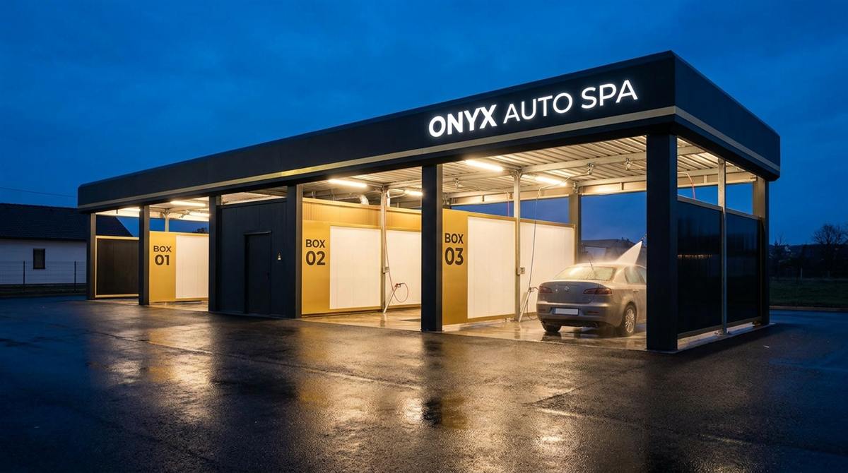 Mycí centrum ONYX AUTO SPA za soumraku – rozsvícený nápis a tři prosvětlené boxy se odrážejí na mokrém asfaltu