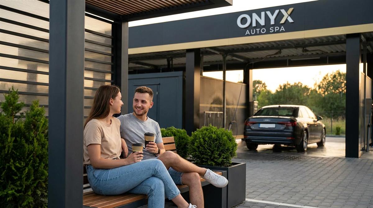 Dvojice s kelímky kávy odpočívá na lavičce pod pergolou odpočinkové zóny ONYX, v pozadí auto v mycím boxu