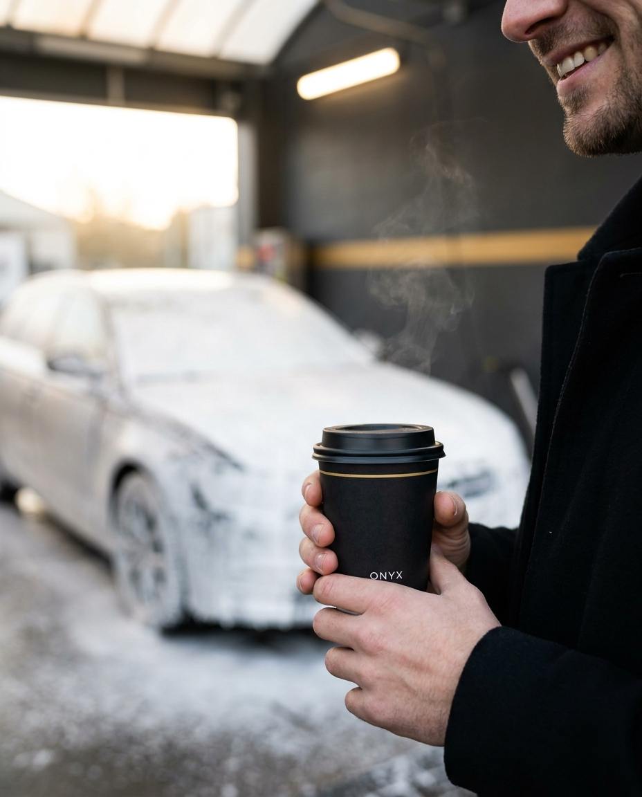 Detail černého kelímku kávy ONYX se zlatým proužkem, v pozadí auto pokryté pěnou v boxu
