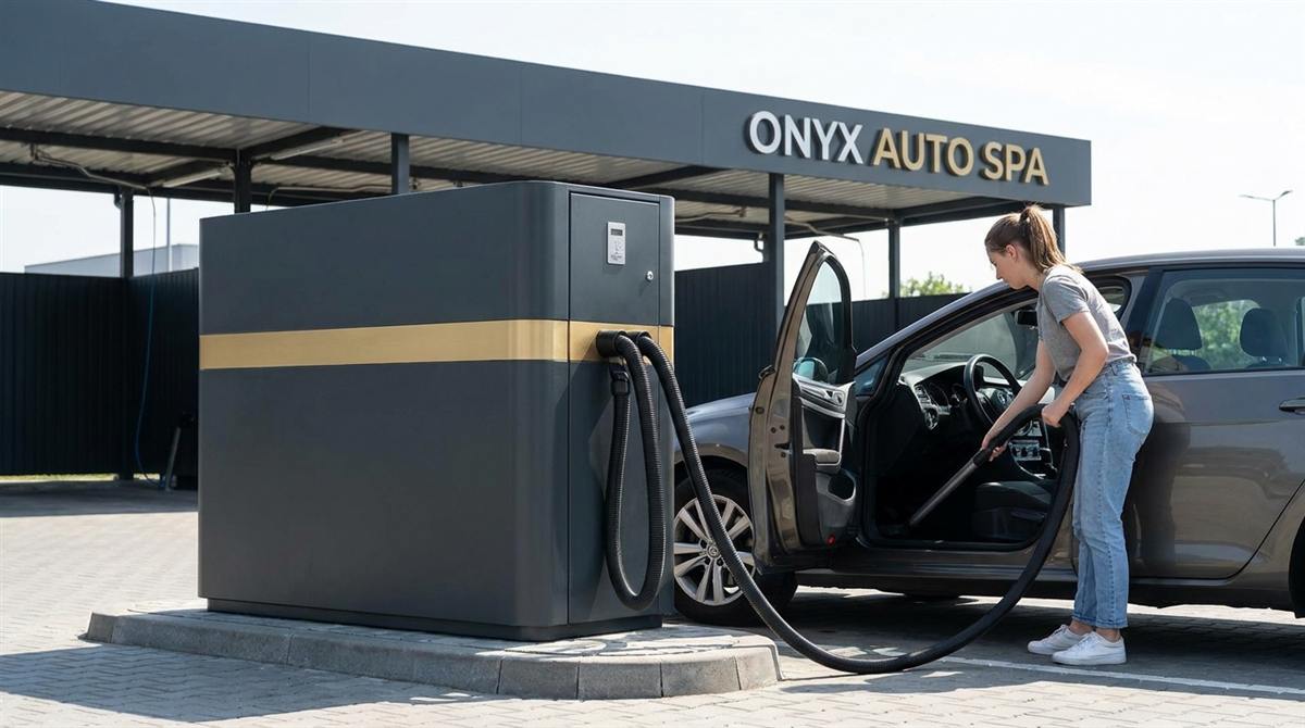 Žena vysává interiér auta u antracitového dvojitého vysavače ONYX se zlatým pruhem