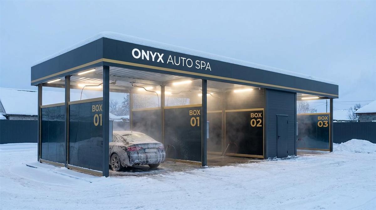 Zasněžené mycí centrum ONYX AUTO SPA v zimě – z temperovaných boxů stoupá pára, uvnitř se myje auto