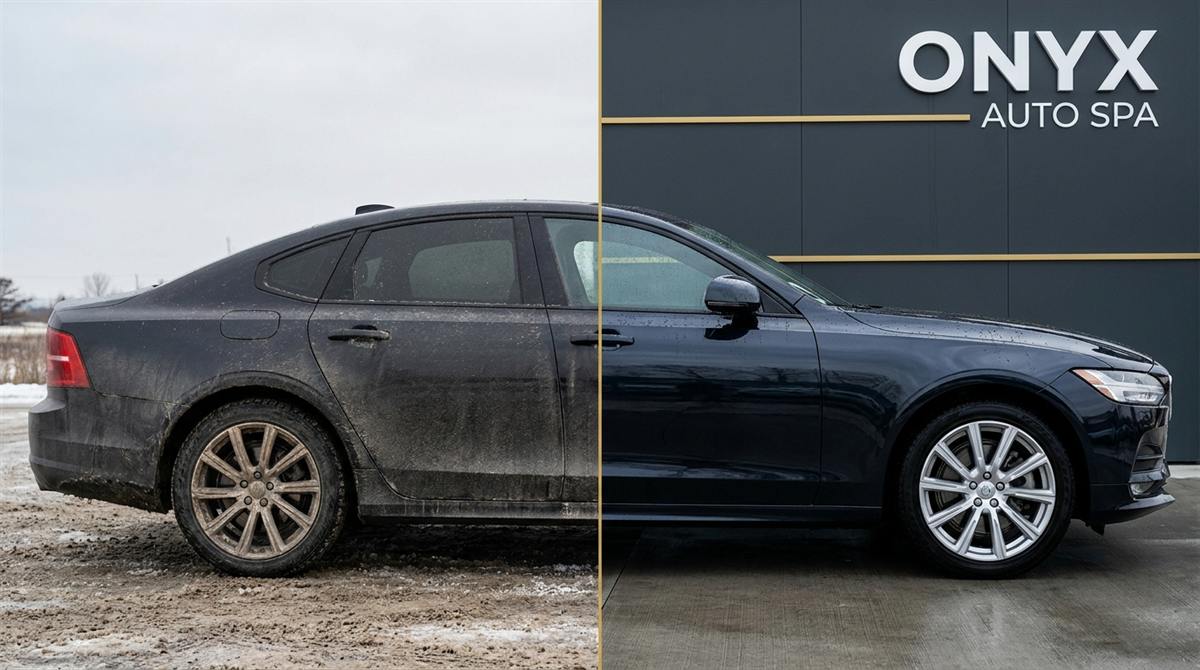 Stejné auto rozdělené zlatou linkou – vlevo zablácené před umytím, vpravo lesklé po umytí před stěnou ONYX AUTO SPA